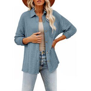 Women's Long Sleeve Blue Button Down Jacket Shirts Loose Sweater Blouses Tops